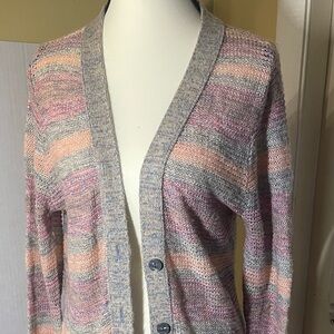 Maunces multi-color striped duster cardigan with a button front and pockets.Sz L